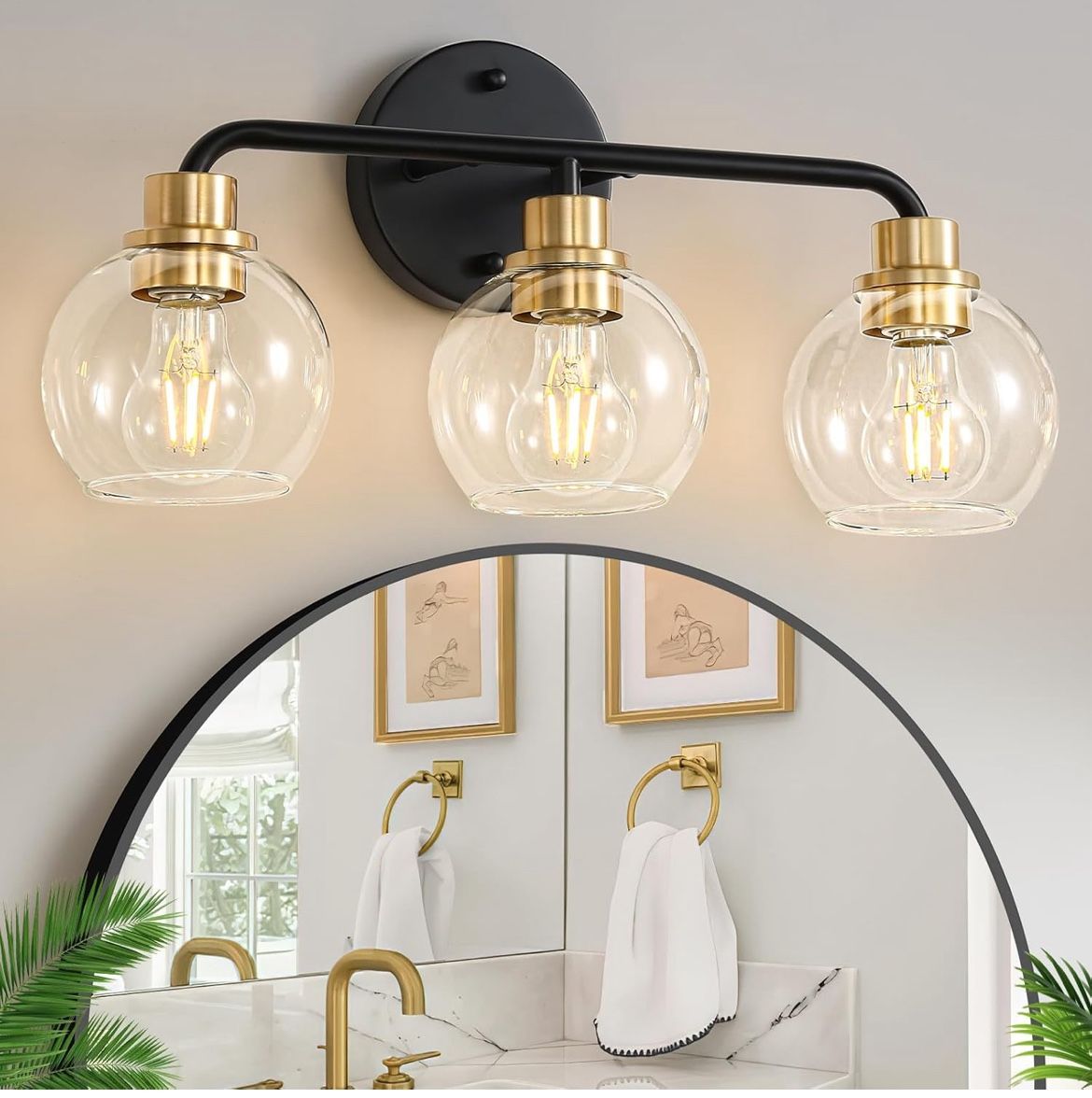 Light Bathroom Vanity Light, Black and Gold Bathroom Light Fixtures with Clear Glass Shade