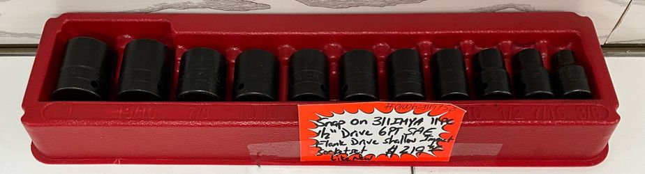 Snap On 311IMYA 11pc 1/2” Drive 6pt SAE Flank Drive Shallow Impact Socket Set Like New