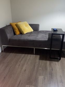 Minimalist Style Dark Gray Tufted Upholstered Chase Lounge With the Slender Metal Legs Left Hand Facing  68”x34”