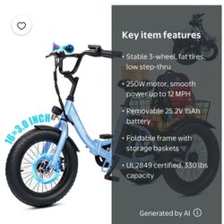 ESKUTE T300M Electric Tricycle for Beginners, Folding 3-Wheel E-Bike with 250W Motor, 302Wh Battery, 12 MPH , 16" x 3.0 Fat Tires, Step-Thru, Blue, UL