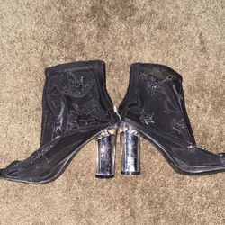 Black Star-Embellished Ankle Boots with Silver Heels