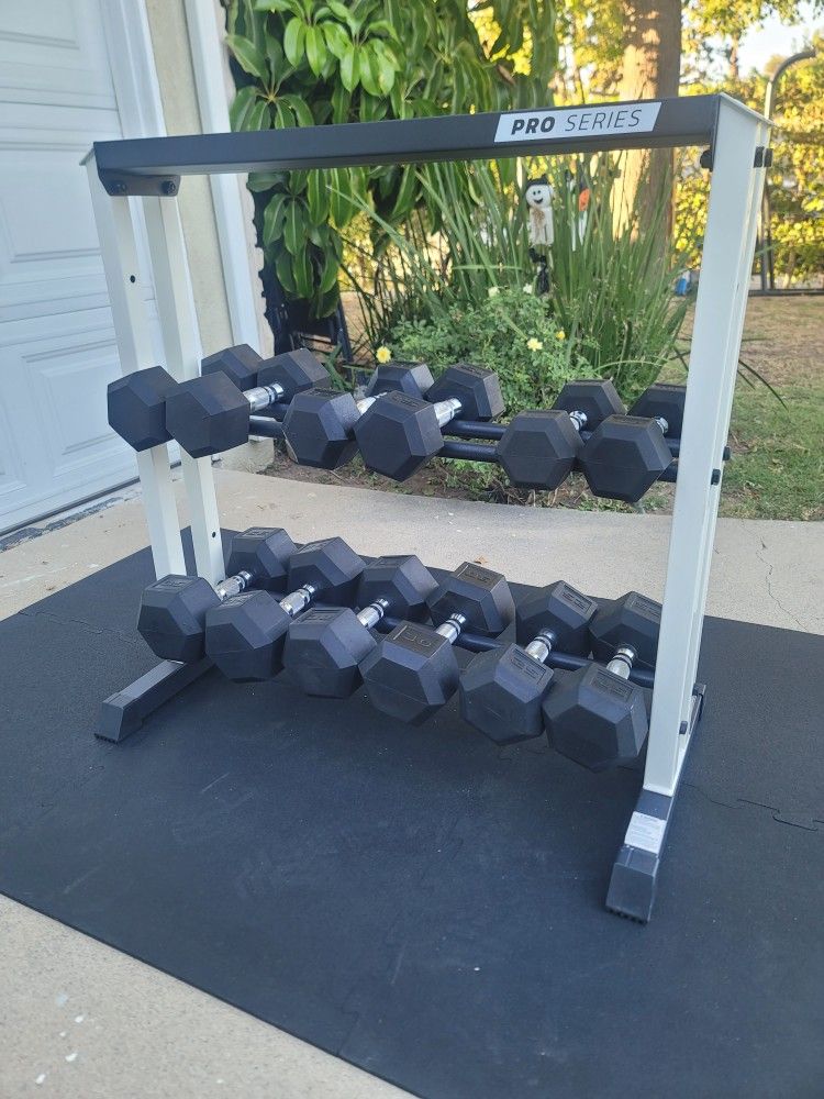 Rubber Hex Dumbbell Set: 5 - 35 With Weight Rack
