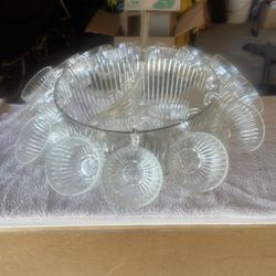 Vintage Glass Punch Bowl With Ladle And 20 Cups