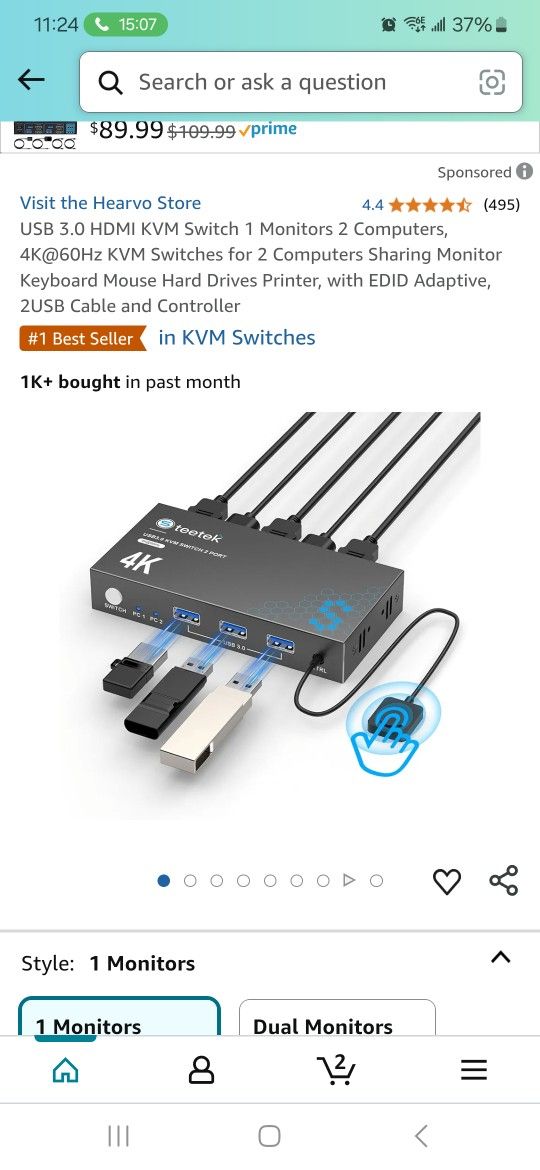 USB 3.0 HDMI KVM Switch 1 Monitors 2 Computers,
4K@60Hz KVM Switches for 2 Computers Sharing Monitor
Keyboard Mouse Hard Drives Printer, with EDID Ada