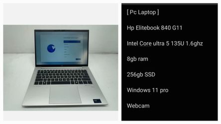 [ Pc Laptop ]

Hp Elitebook 840 G11

Intel Core ultra 5 135U 1.6ghz

8gb ram 

256gb SSD 

Windows 11 pro

Webcam
