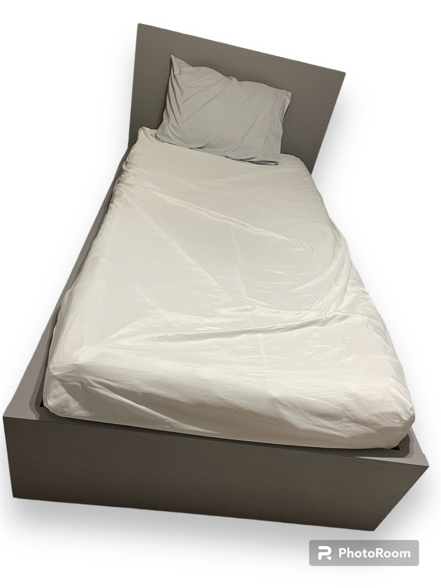 Ikea Twin Bed (Malm) Grey Bed Frame High W/ Mattress and Plastic Cover
