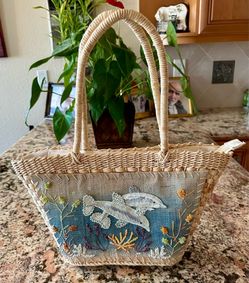 Vintage Handwoven Embroidered dolphin Straw Raffia bag purse Cappelli Straworld Inc.
