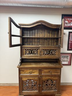 Rustic Carved Wood Dining Hutch & Buffet – Floral Doors, Drawers