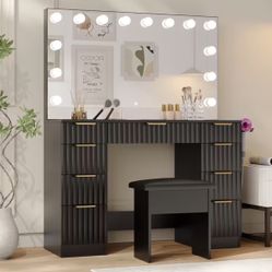 43.3" Fluted Makeup Vanity with Large Lighted Mirror, 9-Drawer Storage & Glass Top - 3-Color Lighting Modes, Built-in Power Outlet & Stool, Adjustable