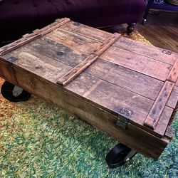 Industrial Vintage Wood Coffee Table On Casters