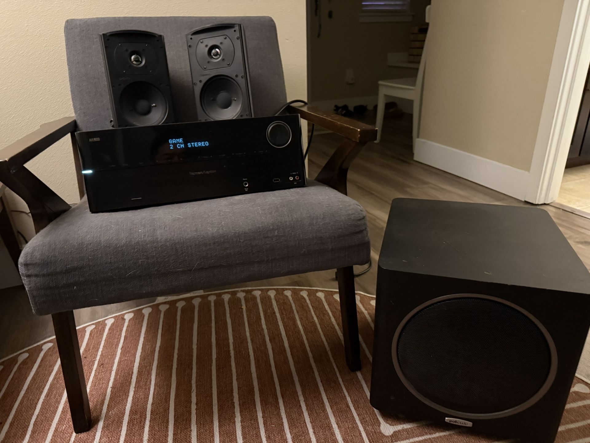 Stereo set - Harmon Kardon AV Receiver, Definitive speakers, Polk Subwoofer