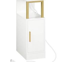 Nightstand, Bedside Table with Charging Station, Skinny End Table with Cabinet