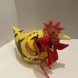 Ceramic chicken statue with chili pepper design. Christmas bow & bell. Southwest/ farmhouse/ cottage