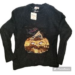 C&C CALIFORNIA Halloween Sweater Halloween Poof Med Black With Pug Pumpkin NWT
