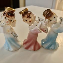 3- 1950's Angel Choir Christmas Candle Holders Pink Blue Japan