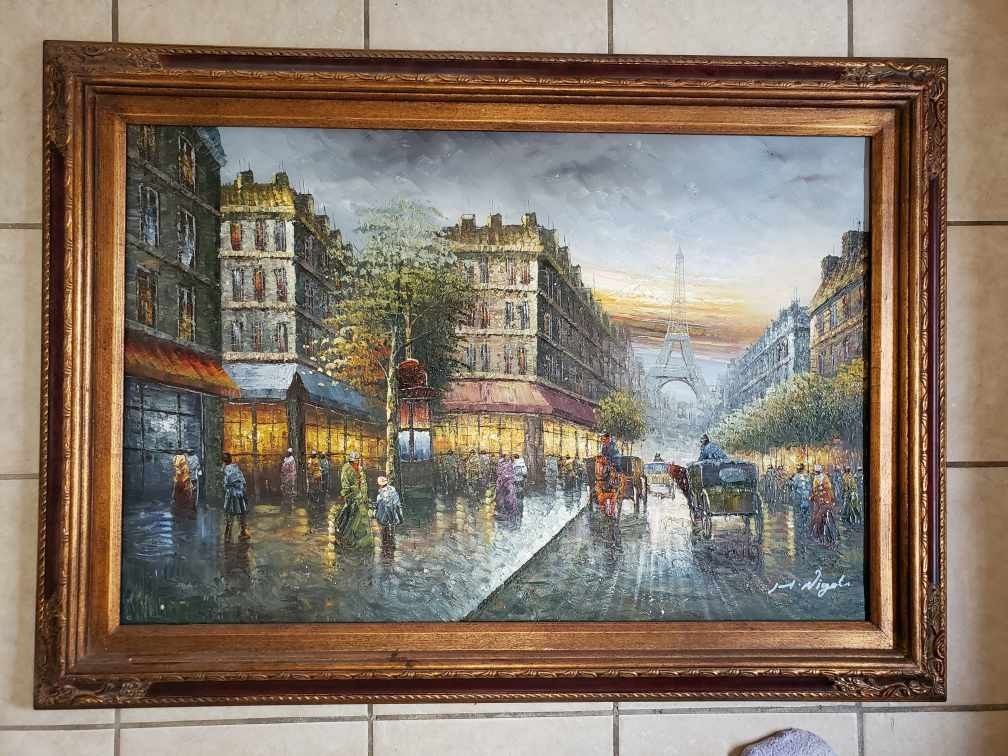 Lg Vtg Signed Original NIGEL Parisian Cityscape Oil Painting 