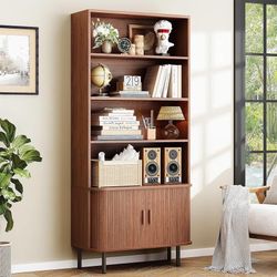 71" Tall Bookshelf, 4-Tier Bookcase with Storage Cabinet & Adjustable Storage Shelf, Freestanding Wood Bookshelf with Sliding Door and Adjustable Foot