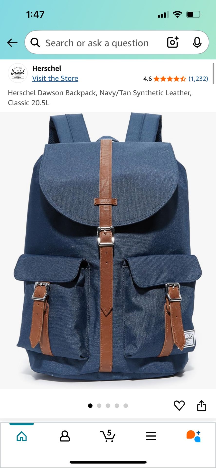 Herschel Dawson Backpack, Navy/Tan Synthetic Leather, Classic 20.5L