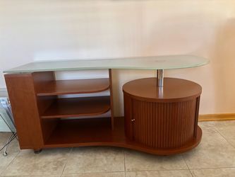 vintage Modern-style wood console/bar cabinet with a curved glass to
