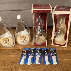 2 Vintage Lamplight Farms Oil Lamps + 2 Large Lamp Oil + 5 Wicks