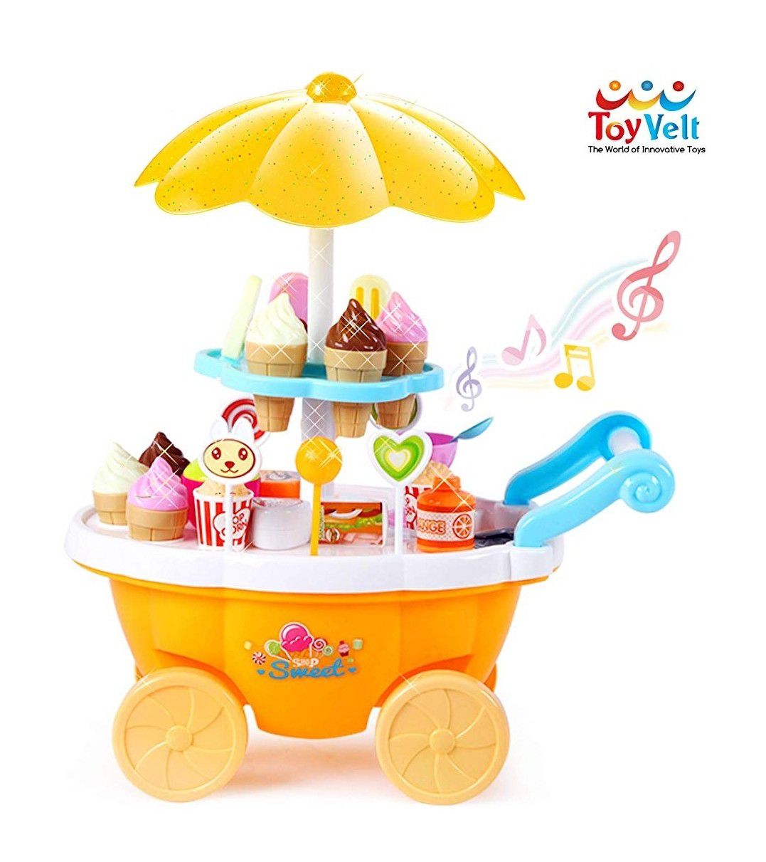 Ice Cream Toy Cart Play Set for Kids - 59-Piece Pretend Play Food - Educational Ice-Cream Trolley Truck with with Music & Lighting - Great Gift