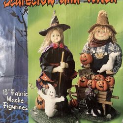 13" Fabric Mache Witch and Scarecrow Combination Figurine Set