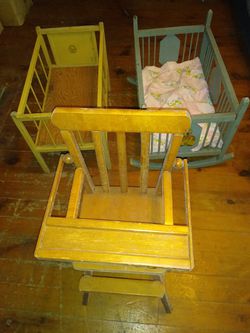 Antique Doll Furniture, Crib, Cradle, Highchair