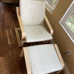 IKEA leather Armchair, birch veneer/Glose off-white With Ottoman
