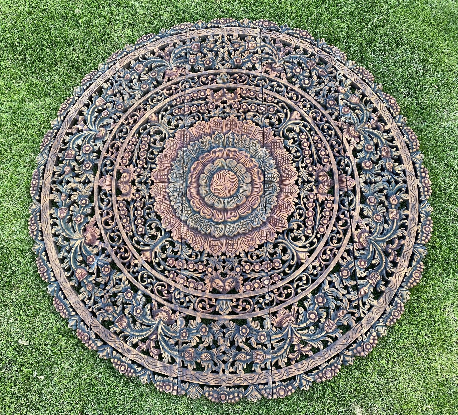 58” Hand-Carved Thai Circular Wall Art - Large Mandala Boho Decor