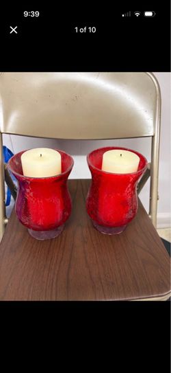 Red Glass Hurricane Candle Holders Set of 2