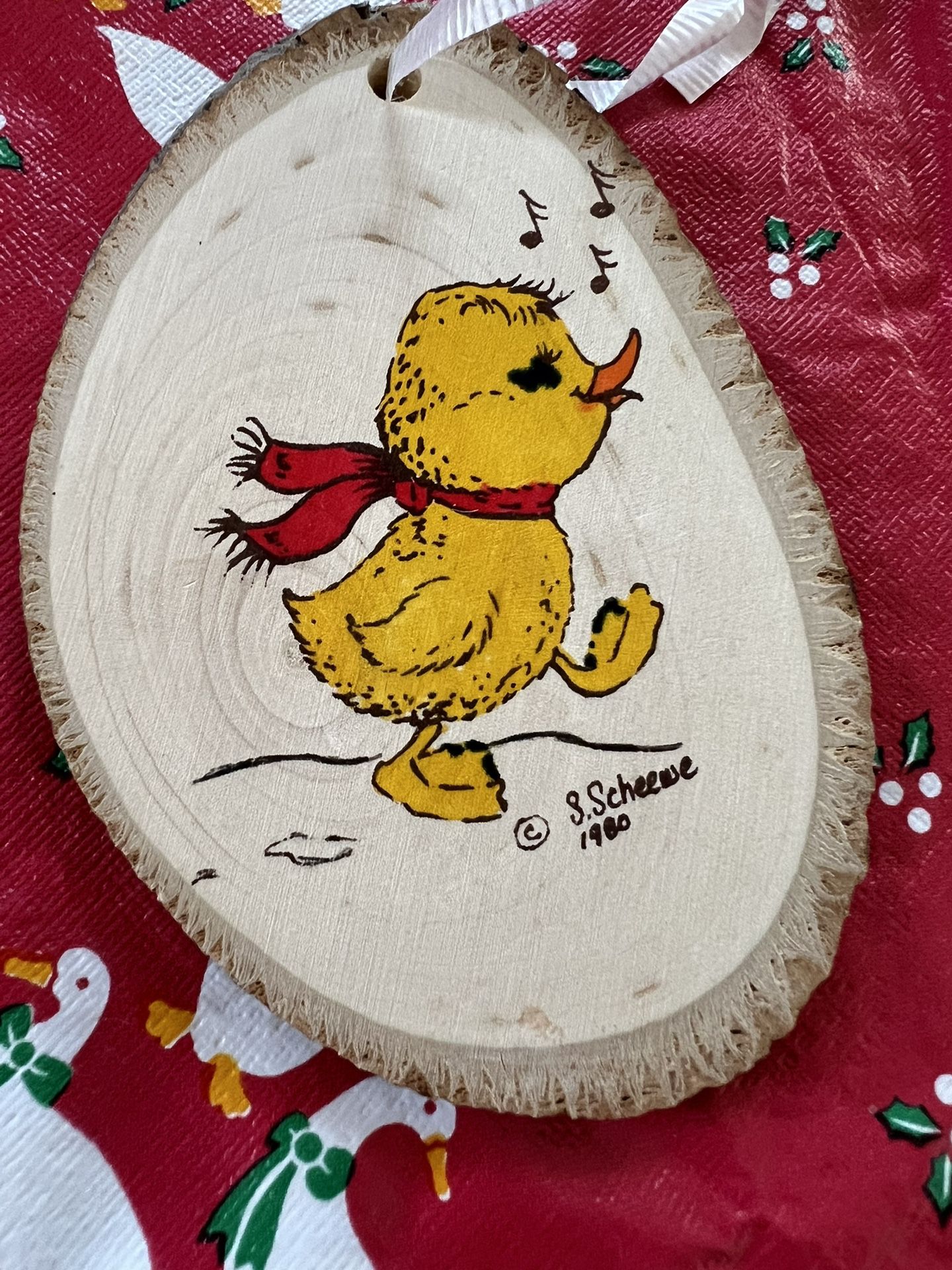 Wood Christmas Ornament Scheewe ~1978 Vintage Baby Duck On Wood Christmas Tree Ornament Woodburning