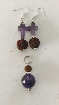 Amethyst Cross Earrings with Rudraksha Pendant Set