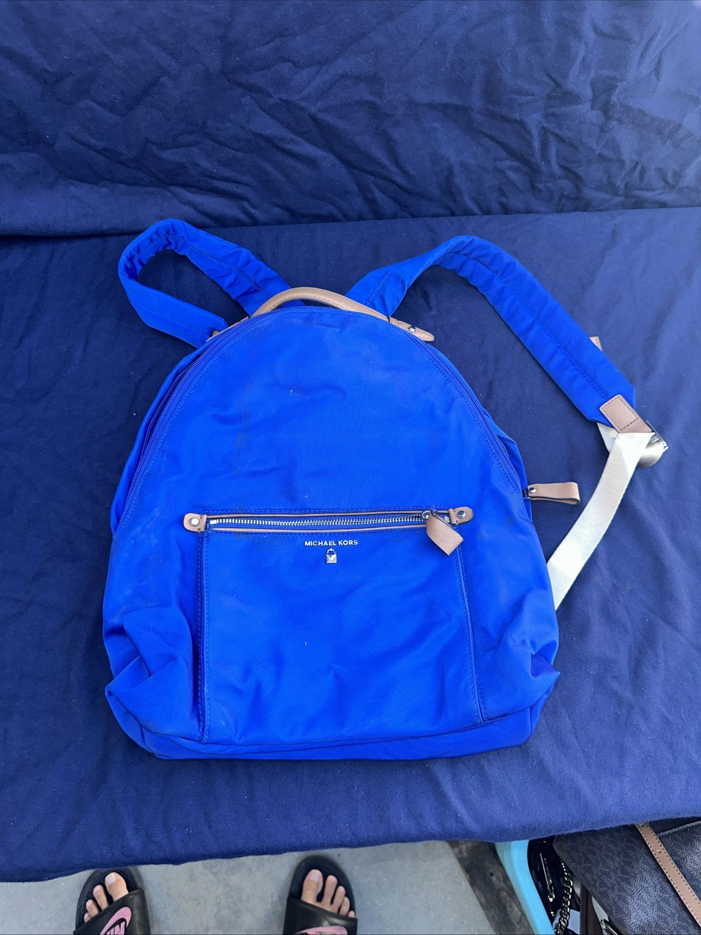 Michael Kors Kelsey Royal Blue Nylon Backpack Silver Hardware With Leather Trim 