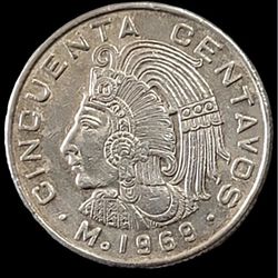 Vintage 1969 Mexico 50 Centavos Coin