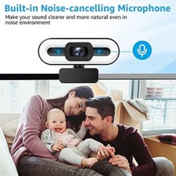 New! 1080P HD Webcam - Streaming Camera with Microphone 3-Level Adjustable Brightness Ring Light, Auto-Focus Plug and Play Computer Web Camera with Tr