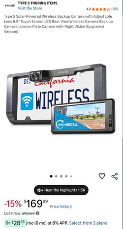 Wireless Backup Camera Solar Powered Adjustable Lens 6.8" Touch Screen, Rear View Plate Camera