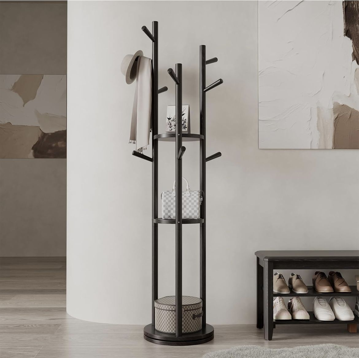 Solid Wood Coat Rack with Shelves and Hooks (Black)