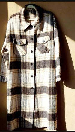 Long Plaid shirt dress jacket Long sleeve pockets women's Size L Large coat