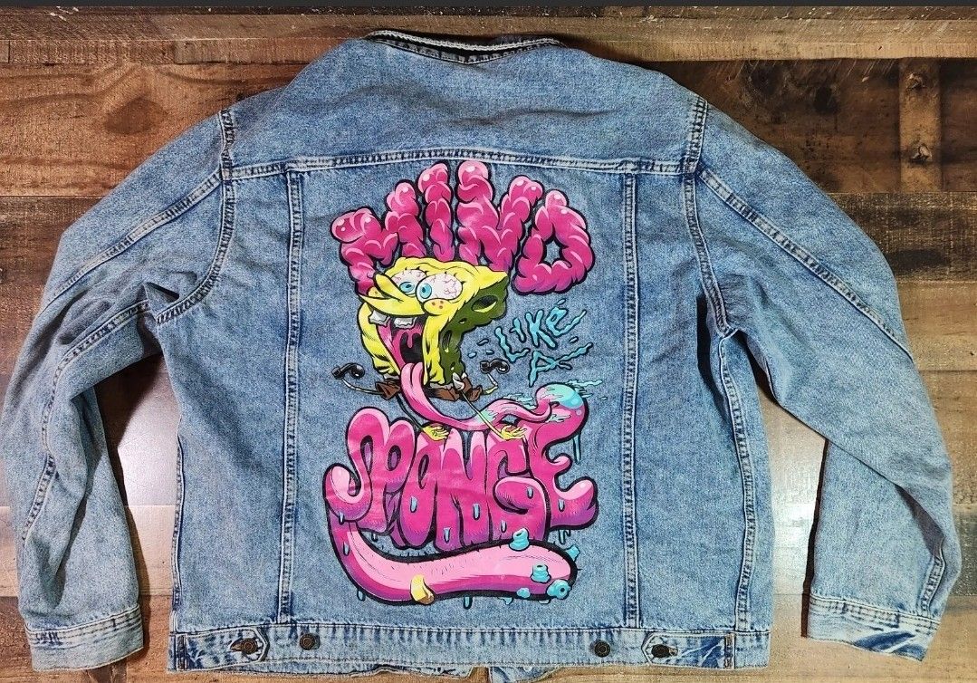 Spongebob Squarepants Denim Jean Jacket Size XL Mind Like A Sponge Brain Graphic