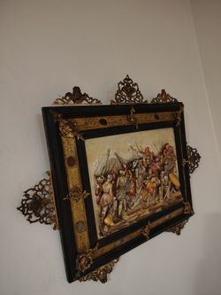 Antique Framed Relief Plaque with Battle Scene