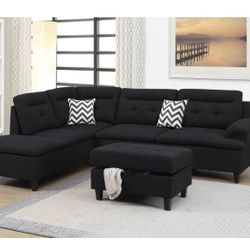 Black Sectional Sofa With Storage Ottoman Brand New