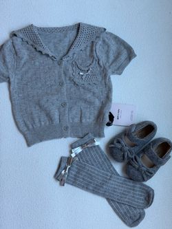 Baby Girls Gray Knit Cardigan Set with Mary Jane Shoes & Knee High Socks