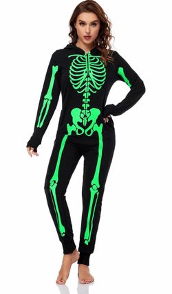 Black Skeleton Hooded Zip-Up Onesie Jumpsuit Halloween Costume – EUC