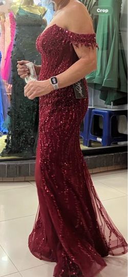 Burgundy Sequin Off-Shoulder Mermaid Gown