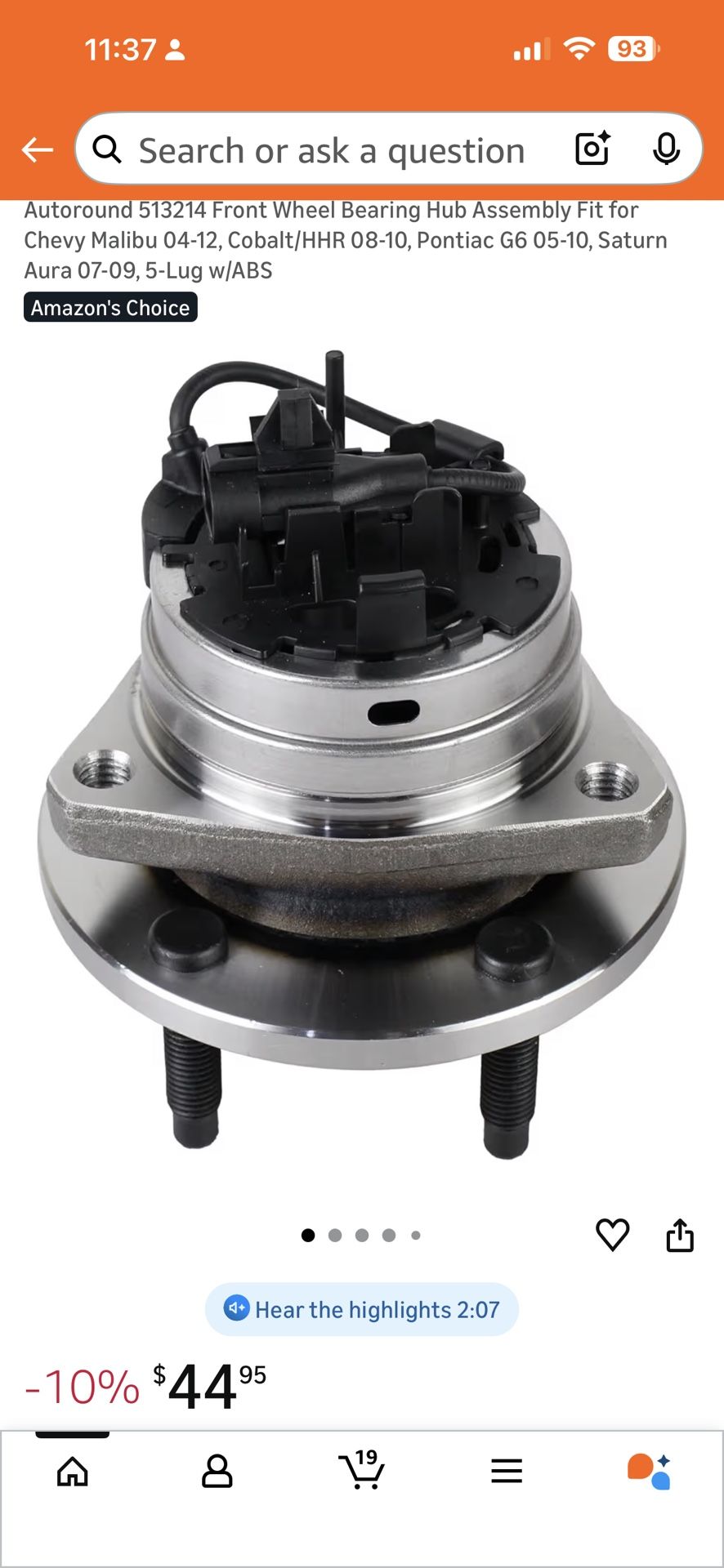 Autoround 513214 Front Wheel Bearing Hub Assembly Fit for Chevy Malibu 04-12, Cobalt/HHR 08-10, Pontiac G6 05-10, Saturn Aura 07-09, 5-Lug w/ABS
