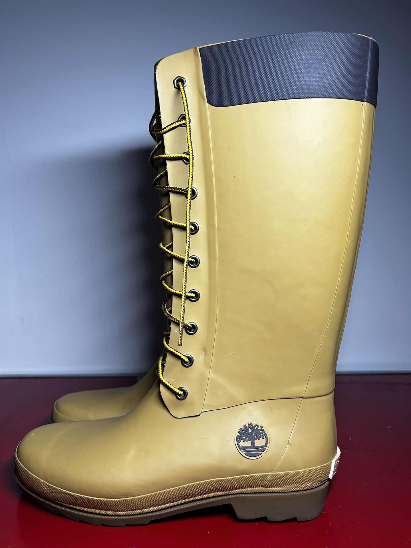 Timberland 14" Tall Rubber Rain Boots Womens Sz 10 Tan Yellow Lace Up
