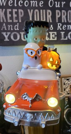 Ghoulish red convertible car Frankenstein cat pumpkin ghost Halloween figurine decor