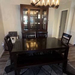 Brown Solid Wood Curio Cabinet and Dining Table Matching Set