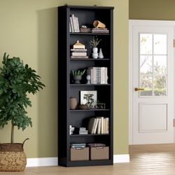 6-Tier Fixed Shelf Bookcase, 75" Tall Heavy-Duty Storage with Tip-Resistant Design
