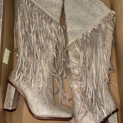 jessica simpson knee high boot rhinestone embellished new 7.5 gold champagne dillards christmas heel